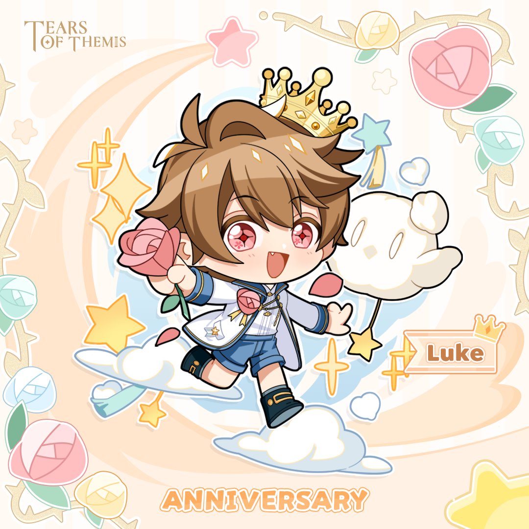 luke pearce (tears of themis), tears of themis, artist request, commentary, english commentary, official art, 1boy, :d, anniversary, black boots, blue shorts, blush, boots, brown hair, character name, chibi, copyright name, cross-shaped pupils, crown, fang, flower, grey socks, holding, holding flower, jacket, looking at viewer, male focus, mini crown, open clothes, open jacket, open mouth, petals, pink eyes, pink flower, pink rose, rose, rose petals, shirt, shorts, single hair intake, smile, socks, solo, sparkle, star (symbol), symbol-shaped pupils, tilted headwear, white jacket, white shirt