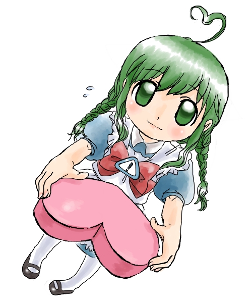 me-tan, os-tan, white legwear, 1girl, ahoge, apron, bow, bowtie, braid, female focus, full body, gift, green eyes, green hair, long hair, looking at viewer, maid, maid apron, matching hair/eyes, shoes, short sleeves, simple background, solo, twin braids, valentine, white background, wing collar