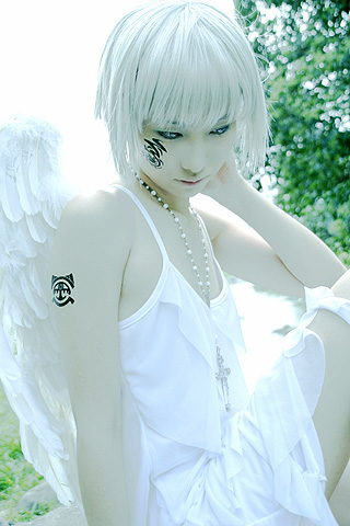 original, cosplay photo, lowres, photo (medium), 1boy, androgynous, angel, asian, cosplay, cross, crossdressing, crossdressing (mtf), dress, facial mark, jewelry, makeup, male focus, necklace, pale skin, short hair, solo, tattoo, trap, white hair, white wings, wings