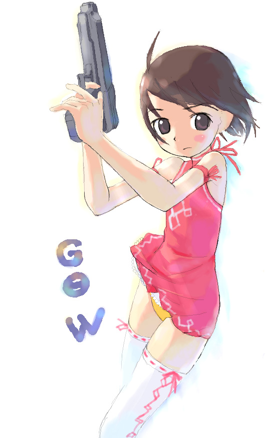 tougetsu gou, 1girl, blush, brown eyes, brown hair, dress, female focus, gun, handgun, loli, panties, pantyshot, pink dress, pistol, short dress, short hair, solo, standing, thighhighs, underwear, weapon, white thighhighs, wind, wind lift, yellow panties
