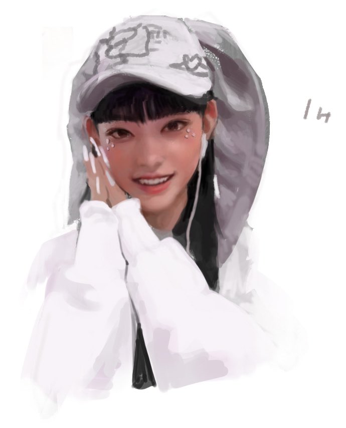 haerin (newjeans), newjeans, 1girl, black hair, jkml, k-pop, long hair, long sleeves, open mouth, shirt, smile, solo, white background, white shirt