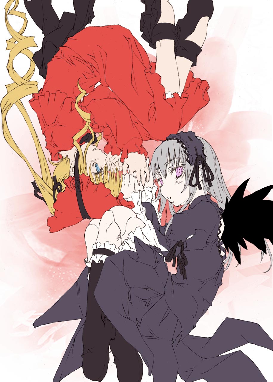 kakashichi, shinku, suigintou, rozen maiden, silver hair, highres, 00s, 2girls, black wings, blonde hair, blue eyes, blush, dress, fetal position, frilled thigh strap, hairband, hat, holding hands, looking at viewer, multiple girls, parted lips, purple dress, purple eyes, red dress, smile, thigh strap, wings