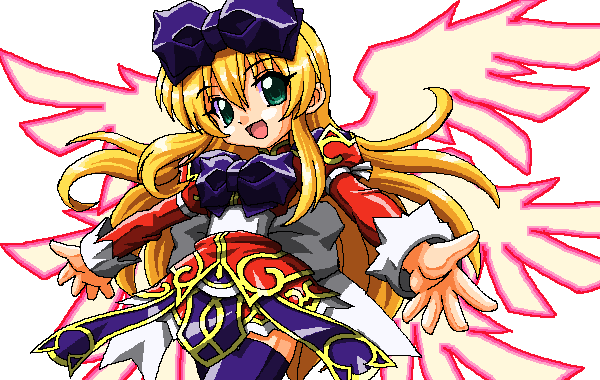 dragon (artist), aruma (shinrabanshou), shinrabanshou, md5 mismatch, 1girl, blonde hair, bow, female focus, green eyes, hair bow, long hair, long sleeves, oekaki, outstretched arms, purple thighhighs, ribbon, skirt, smile, solo, spread arms, thighhighs, white background, wings