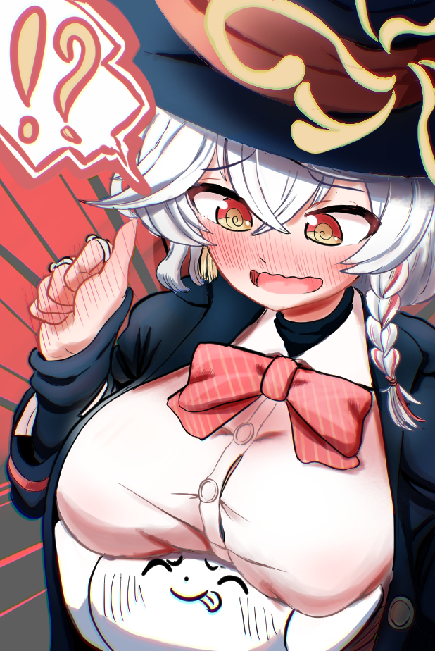 doodle sensei (blue archive), eri (blue archive), sensei (blue archive), blue archive, !?, blush, bow, bowtie, braid, halo, hat, jacket, jewelry, long coat, long hair, ring, shirt, skirt, sweater, tongue, tongue out, upper body, white hair, witch hat