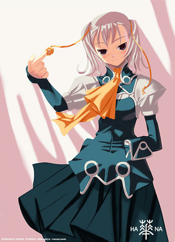 sango (53box), original, 1girl, 53box, ascot, female focus, hair ribbon, hand in pocket, looking at viewer, naughty face, pink hair, puffy sleeves, ribbon, short hair, skirt, skirt set, smile, solo, standing, twintails