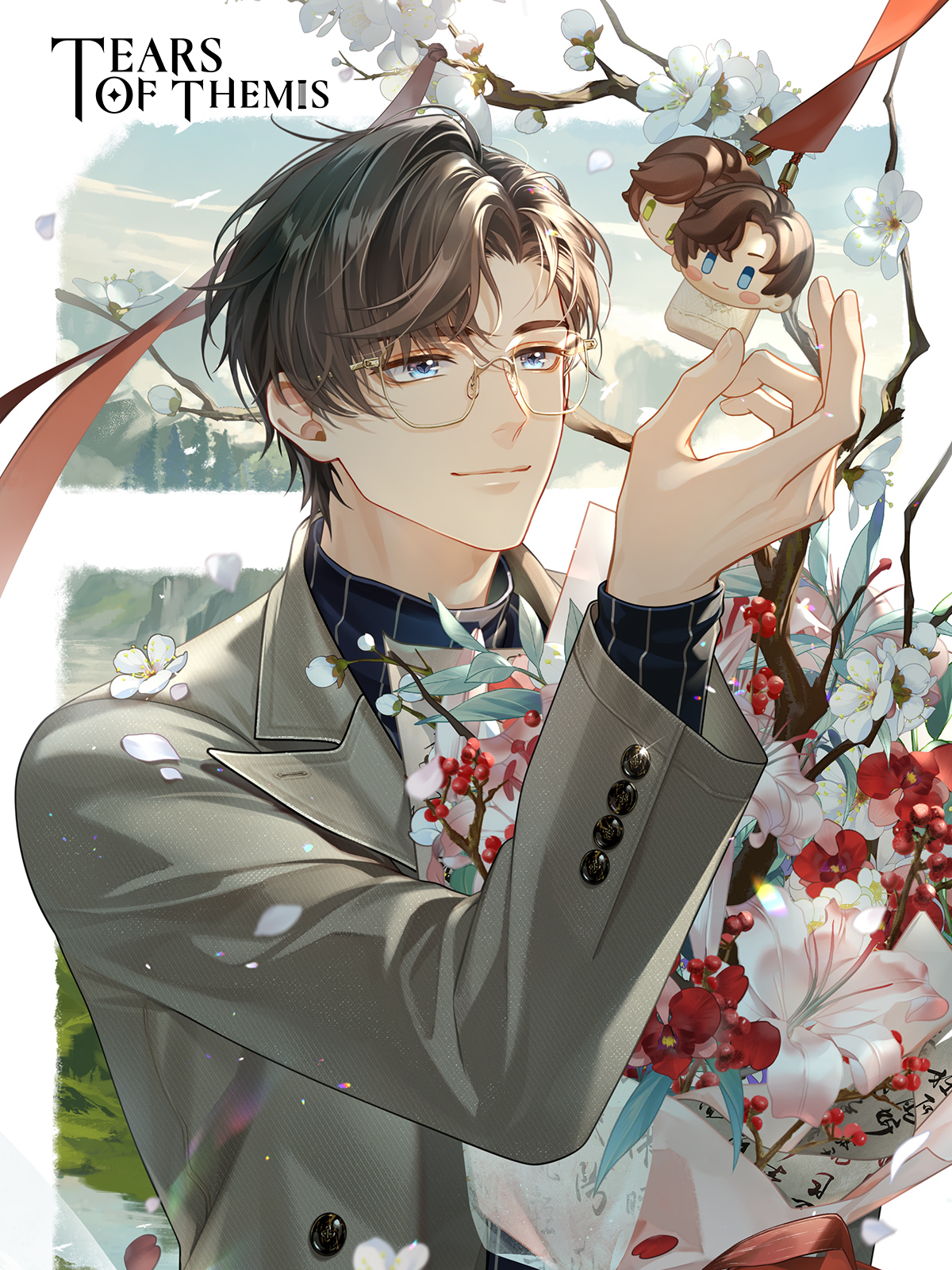 artem wing (tears of themis), rosa (tears of themis), tears of themis, artist request, highres, official art, 1boy, black shirt, blue eyes, blue sky, bouquet, branch, brown hair, closed mouth, cloud, copyright name, day, flower, glasses, grey jacket, hand up, jacket, long sleeves, male focus, petals, pink flower, red flower, shirt, sky, smile, solo, striped clothes, striped shirt, thick eyebrows, upper body, vertical-striped clothes, vertical-striped shirt, white flower