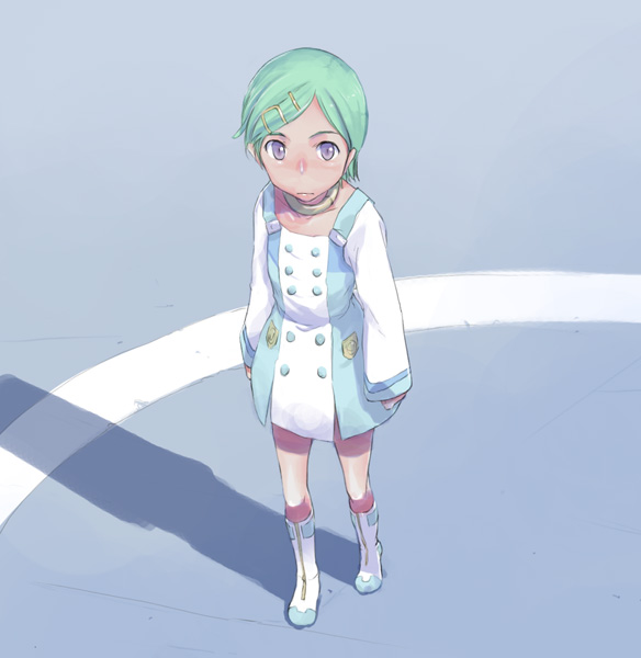 takeda sun, eureka (eureka seven), eureka seven, eureka seven (series), 00s, 1girl, boots, buttons, choker, dress, emblem, female focus, full body, green hair, hair ornament, hairclip, knee boots, long sleeves, looking at viewer, purple eyes, shade, short hair, solo, standing, swept bangs, white boots