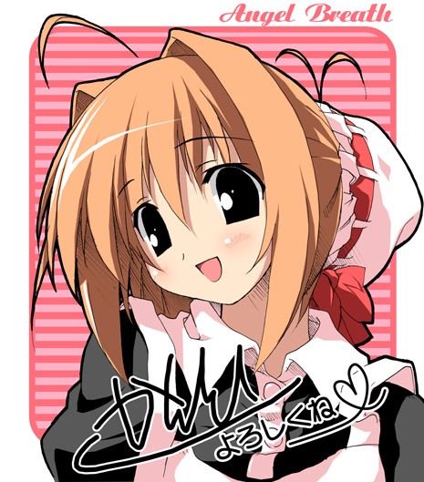 kantoku, gabriel (angel breath), angel breath, official art, 1girl, :d, ahoge, antenna hair, apron, black eyes, blush, bun cover, buttons, copyright name, female focus, hair between eyes, hair intakes, head tilt, heart, looking at viewer, maid, maid apron, open mouth, orange hair, red hair, ribbon, short hair, sidelocks, sketch, smile, solo, striped background, upper body