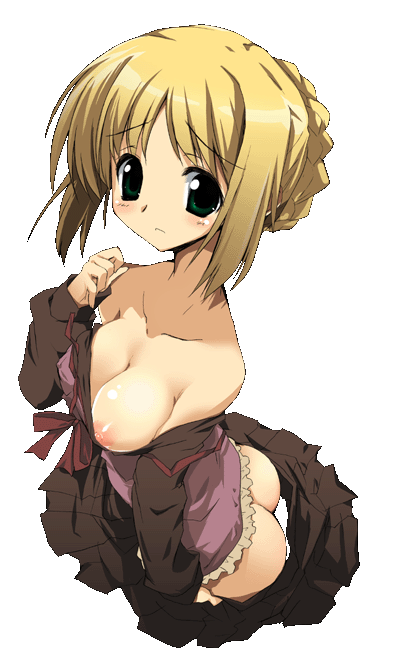 yoshiwo, artoria pendragon (fate), saber (fate), fate/hollow ataraxia, fate/stay night, fate (series), 00s, 1girl, ass, blonde hair, breasts, female focus, green eyes, large breasts, nipples, official alternate costume, solo, transparent background, undressing