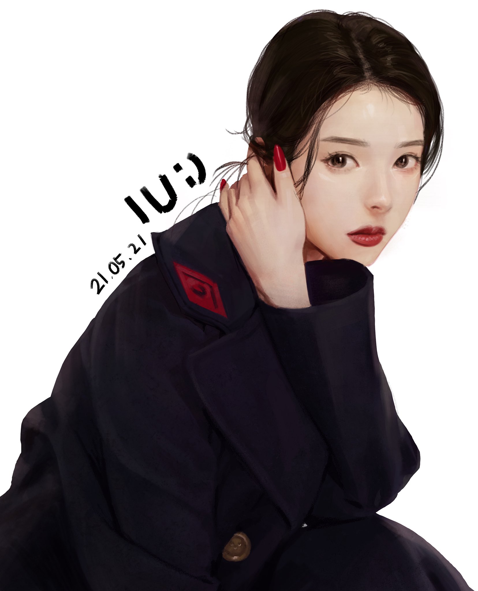 real life, highres, 1girl, black coat, black eyes, black hair, buttons, coat, jkml, k-pop, long hair, long sleeves, red lips, red nails, solo, white background