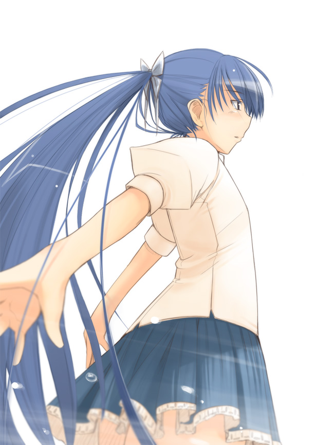 jirou (chekoro), 1girl, blue hair, female focus, long hair, perspective, ponytail, skirt, solo, very long hair
