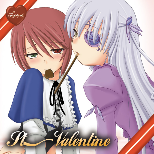 hijiri tsukasa, barasuishou, souseiseki, rozen maiden, light purple hair, 00s, 2girls, blue dress, brown eyes, cookie, dress, english text, flower eyepatch, food, frills, green eyes, heart, heterochromia, looking at viewer, mouth hold, multiple girls, pink background, pocky, purple dress, red eyes, simple background, upper body, valentine