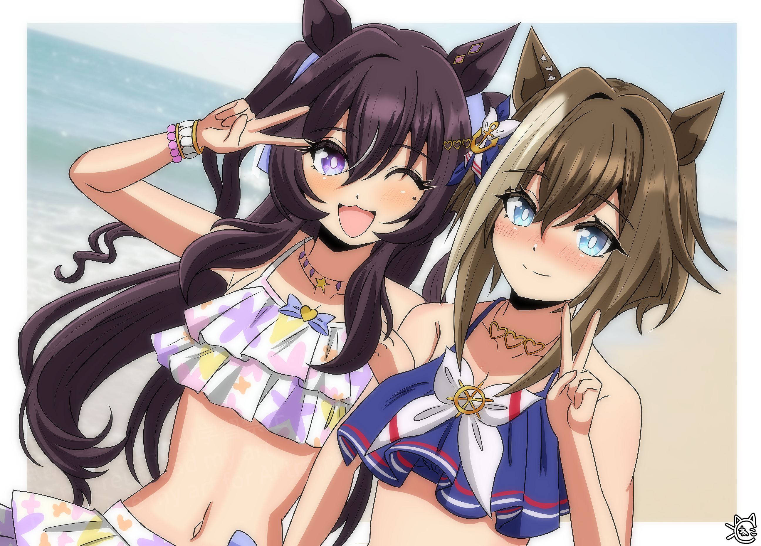 color neko (user yfvc3323), cheval grand (summer calm navy drop) (umamusume), cheval grand (umamusume), vivlos (finest smile – liftoff!) (umamusume), vivlos (umamusume), umamusume, highres, 2girls, animal ears, blue eyes, breasts, brown hair, cleavage, collarbone, hair between eyes, hair ornament, horse ears, horse girl, horse tail, jewelry, long hair, looking at viewer, mole, mole on breast, multiple girls, necklace, official alternate costume, official alternate hairstyle, siblings, simple background, sisters, swimsuit, tail, v