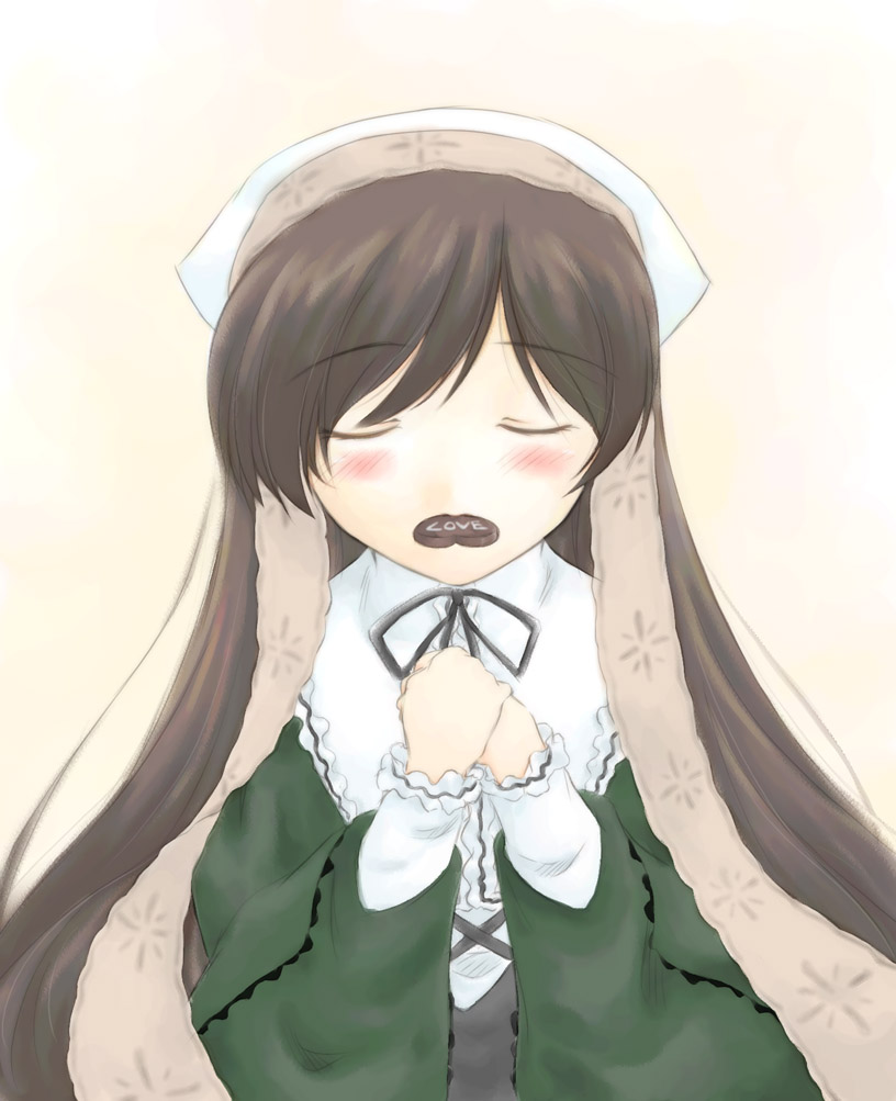hide (rightstuff annex), suiseiseki, rozen maiden, 00s, 1girl, blush, candy, chocolate, chocolate heart, closed eyes, english text, female focus, food, headscarf, heart, long hair, mouth hold, own hands together, solo, valentine, very long hair, white headscarf