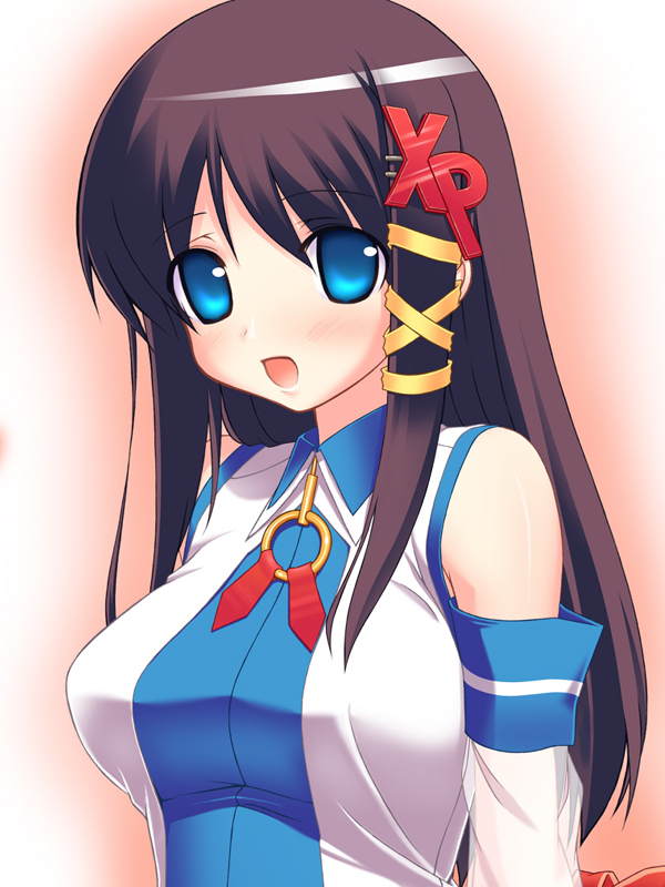 takayaki, xp-tan, os-tan, 1girl, :o, bare shoulders, blue eyes, bow, breasts, brown hair, detached sleeves, female focus, large breasts, long hair, looking at viewer, open mouth, see-through clothes, solo, upper body