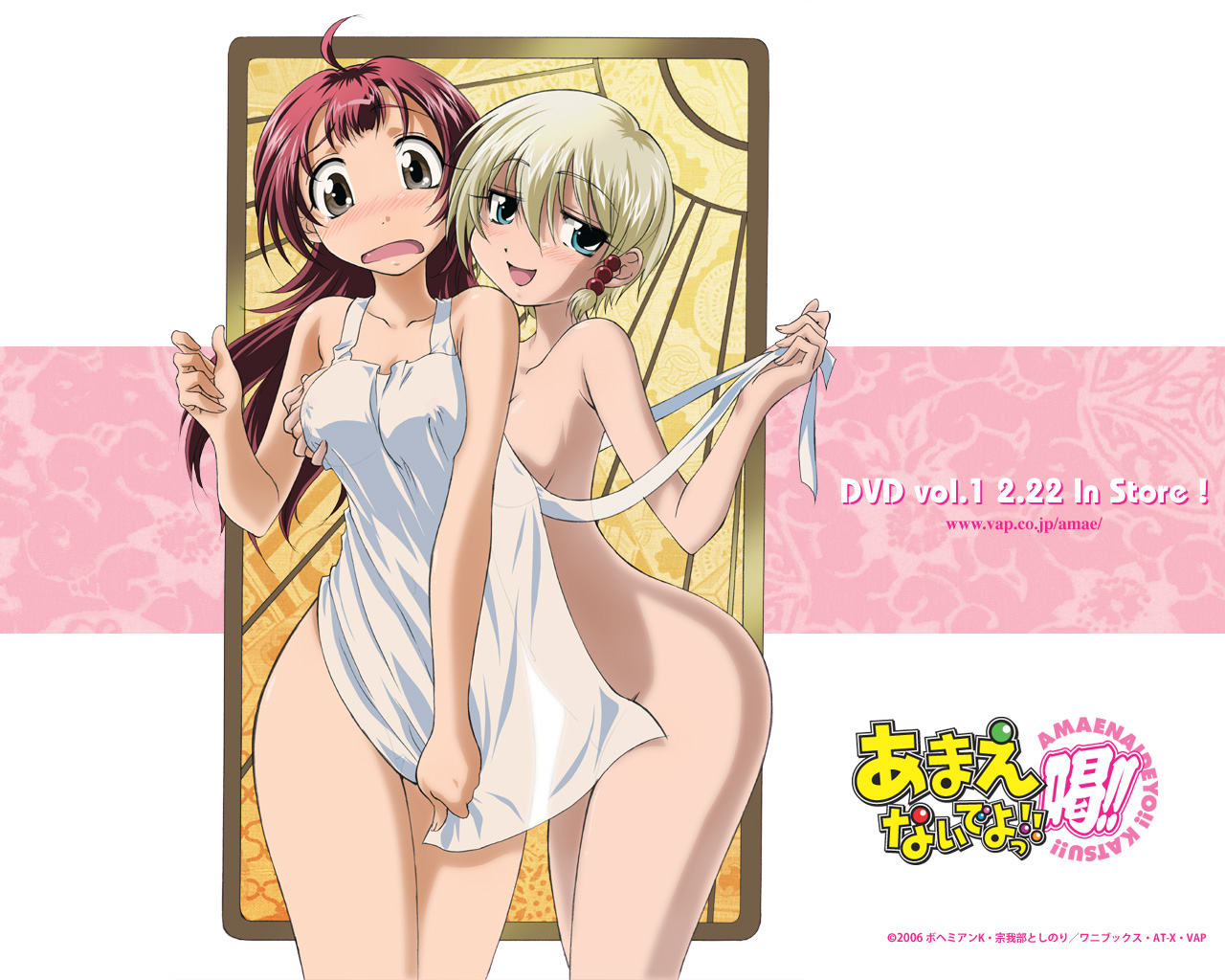 horii kumi, kazusano kazuki, nanbu chitose, amaenaideyo!!, amaenaideyo!! katsu!!, 00s, 2girls, apron, breasts, grabbing another's breast, groping, medium breasts, multiple girls, naked apron, nude, small breasts, yuri