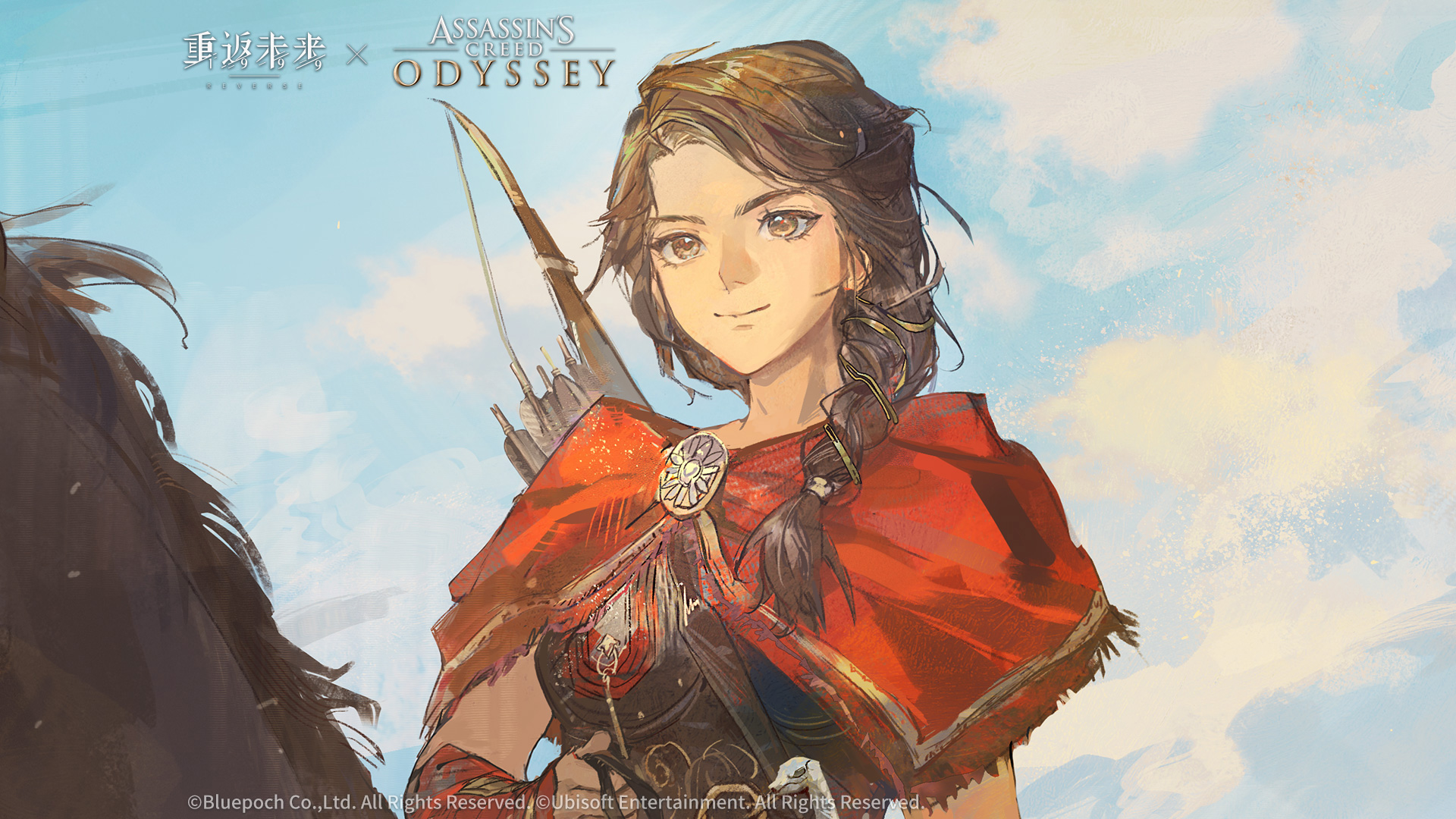 assassin's creed: odyssey, assassin's creed (series), reverse:1999, highres, official art, 1girl, arrow (projectile), blue sky, bow (weapon), braid, brown eyes, brown hair, cape, closed mouth, cloud, copyright name, copyright notice, day, greek armor, horse, kassandra of sparta, logo, long hair, red cape, single braid, sky, smile, solo, upper body, weapon, weapon on back