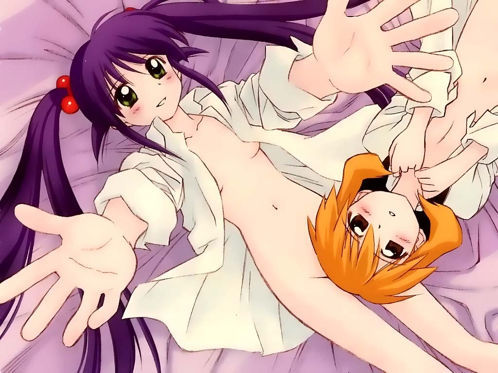 ditama bow, andou mahoro, andou minawa, mahoromatic, official art, official wallpaper, 2girls, alternate hairstyle, bed, bed sheet, blue hair, blush, bottomless, breasts, brown eyes, censored, clenched hands, convenient censoring, dress shirt, dutch angle, flat chest, foreshortening, from above, green eyes, grin, groin, hair between eyes, hair bobbles, hair ornament, hands on own chest, high collar, indoors, long hair, long sleeves, looking at viewer, low twintails, lying, multiple girls, naked shirt, navel, no bra, on back, open clothes, open shirt, orange hair, outstretched arms, parted lips, purple hair, reaching, reaching towards viewer, shirt, short hair, sidelocks, sleeves rolled up, small breasts, smile, twintails, very long hair, white shirt, wing collar