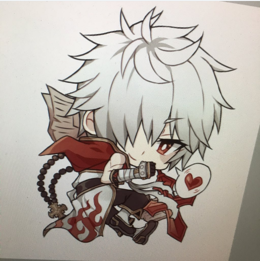 champion (ragnarok online), ragnarok online, commentary request, 1boy, astrarunia, bead necklace, beads, black gloves, black pants, black shoes, chen lio, chibi, chibi only, closed mouth, coat, cross, cross necklace, full body, gloves, gold trim, grey hair, hair over one eye, heart, hood, hooded coat, jewelry, looking at viewer, male focus, multicolored coat, necklace, pants, red coat, red eyes, shoes, short hair, simple background, sleeveless, sleeveless coat, smile, solo, spoken heart, two-tone coat, white background, white coat
