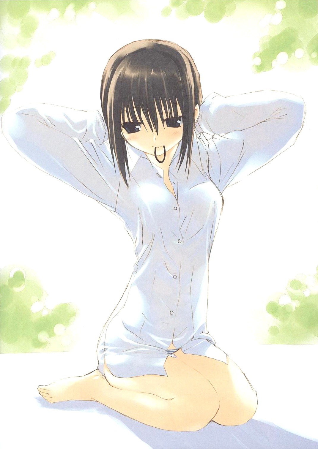 amazuyu tatsuki, original, highres, third-party edit, 1girl, barefoot, black eyes, black hair, female focus, kneeling, mouth hold, no pants, panties, short hair, solo, striped clothes, striped panties, underwear