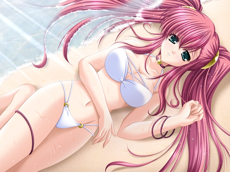 melaria, heaven's cage, game cg, 1girl, beach, bikini, bracelet, breasts, choker, cleavage, day, female focus, green eyes, jewelry, lying, outdoors, pink hair, solo, swimsuit, twintails, water, white bikini