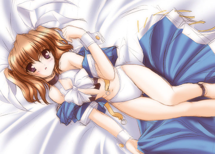 aizawa tomomi, pia carrot (series), pia carrot e youkoso!!, 1990s (style), 1girl, bed, bow, brown hair, choker, female focus, lingerie, lying, navel, on back, panties, purple eyes, short hair, solo, thigh gap, thighs, twintails, underwear, waitress, white panties