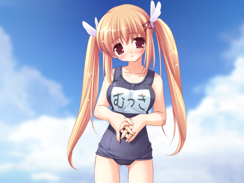amazuyu tatsuki, sukumizu 2, game cg, 1girl, blonde hair, blush, breasts, brown eyes, cloud, collarbone, female focus, hair ornament, hairclip, long hair, looking at viewer, medium breasts, name tag, one-piece swimsuit, school swimsuit, sky, solo, standing, swimsuit, twintails, wing hair ornament, x hair ornament