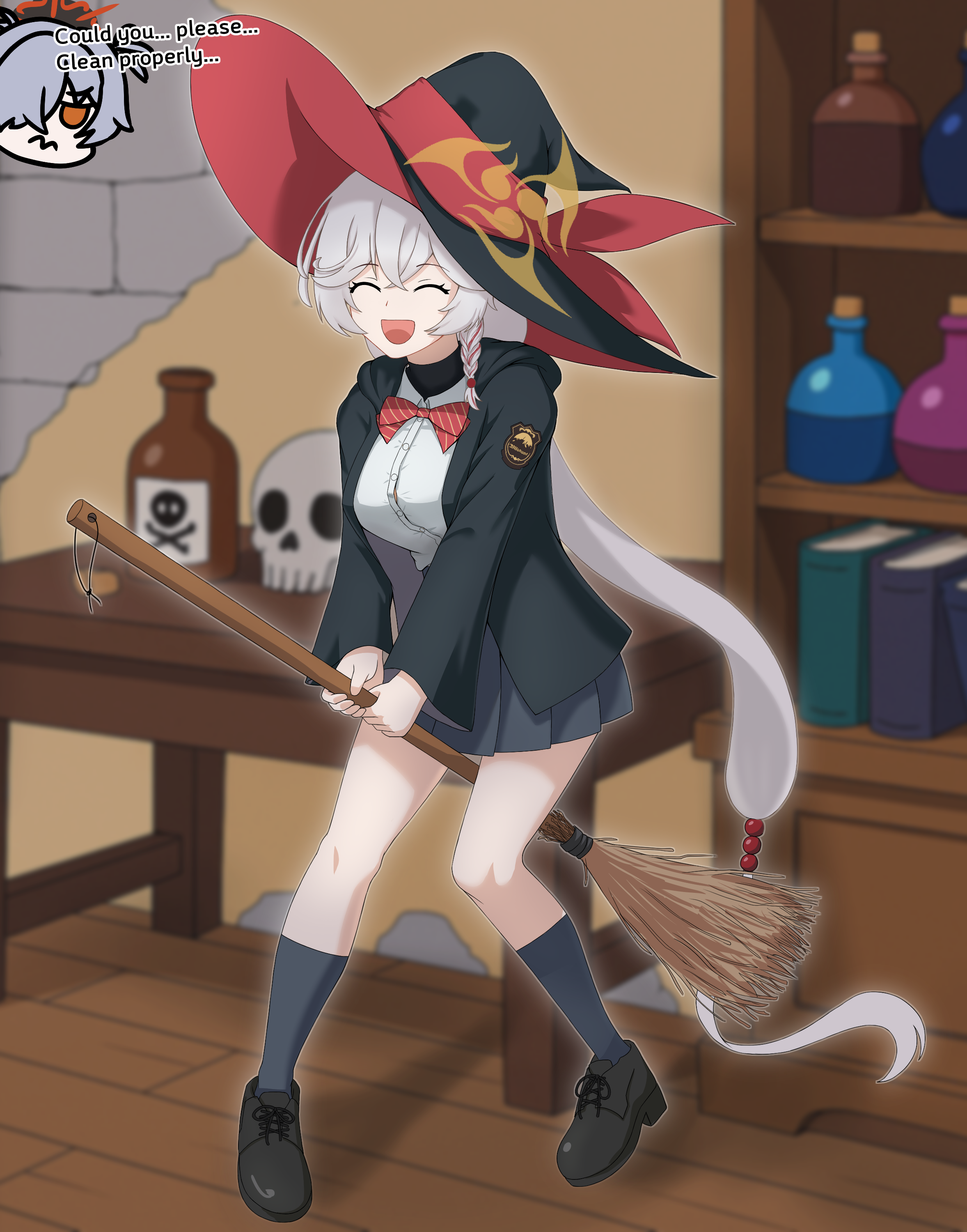 eri (blue archive), kanoe (blue archive), blue archive, 2girls, bow, bowtie, braid, broom, broom riding, broomstick, halo, hat, jacket, long coat, long hair, multiple girls, potion, room, shelf, shirt, shoes, skirt, skull, sweater, table, white hair, witch hat