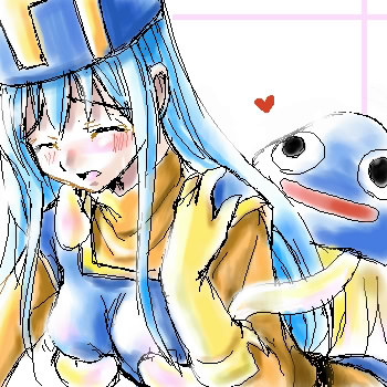 healslime, priest (dq3), chunsoft, dragon quest, dragon quest iii, enix, square enix, lowres, 1girl, :d, bent over, bestiality, black eyes, blue hair, blush, bodysuit, breasts, closed eyes, consensual tentacles, elbow gloves, female focus, gloves, grabbing another's breast, grabbing from behind, groping, hat, heart, interspecies, large breasts, long hair, mitre, monster, oekaki, open mouth, slime (creature), smile, solo, solo focus, tentacles, turtleneck, what, wince