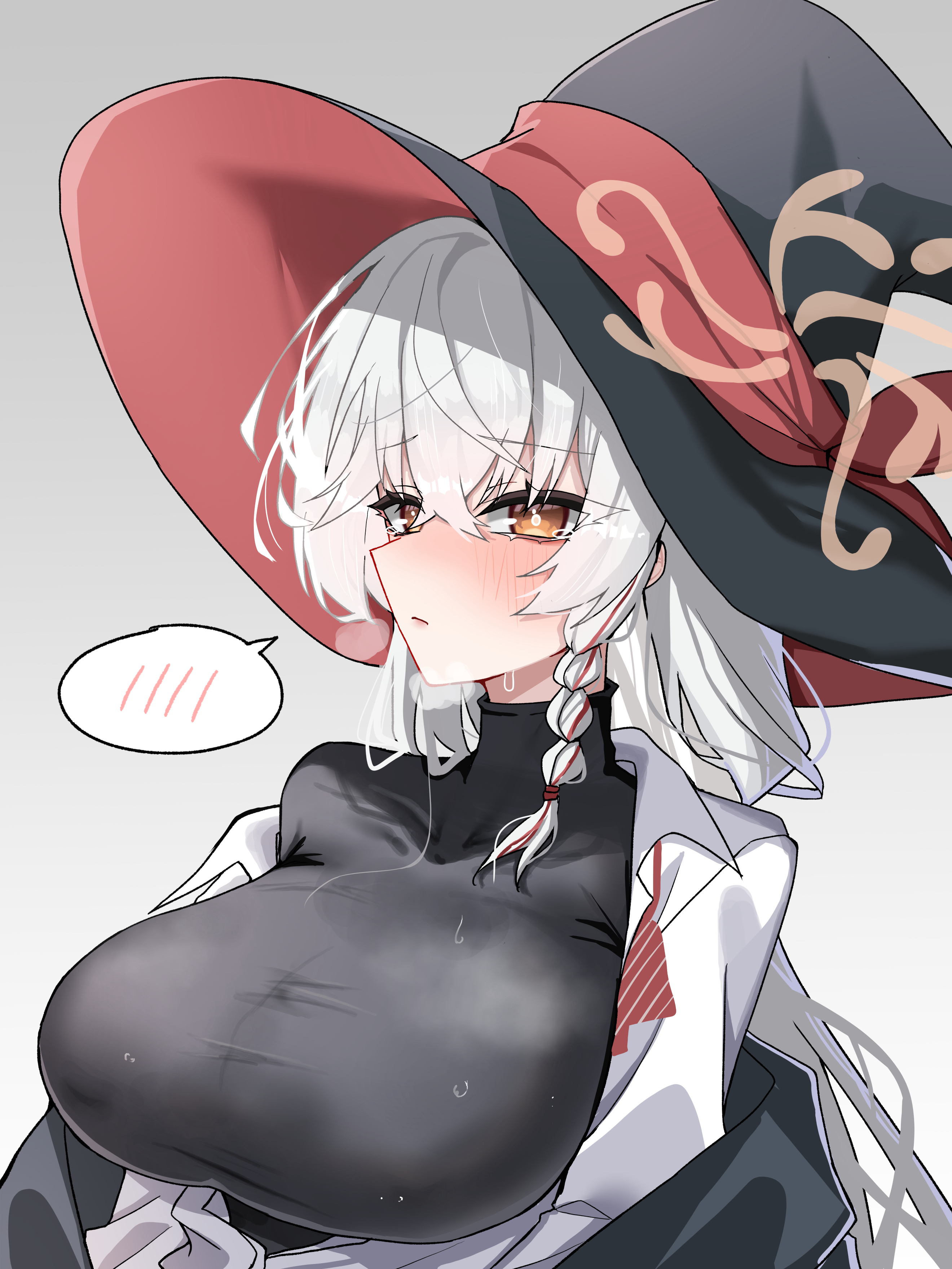 eri (blue archive), blue archive, blush, bow, bowtie, braid, breasts, halo, hat, jacket, large breasts, long coat, long hair, open clothes, open shirt, shirt, skirt, steam, sweat, sweater, white hair, witch hat