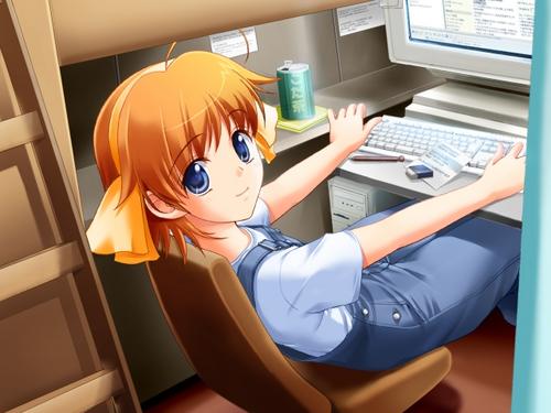 sano toshihide, aizawa kaho, aizawa kaho (my sister), my sister -sweet gemini-, my sister ~sweet gemini~, game cg, lowres, 1girl, ahoge, blue eyes, computer, computer keyboard, female focus, hair ribbon, hairband, orange hair, overalls, ribbon, solo