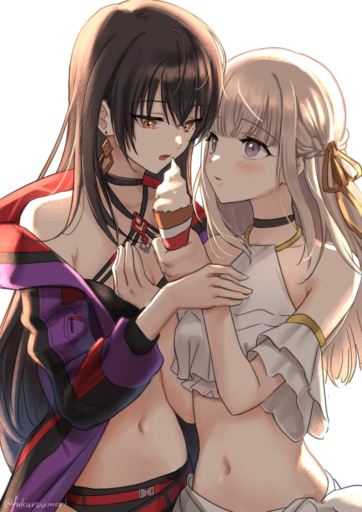 fukuroumori, hakuchou (towa tsugai), karasu (towa tsugai), towa tsugai, commentary request, highres, 2girls, artist name, backlighting, bikini, black bikini, black choker, black hair, blonde hair, blush, braid, brown eyes, brown ribbon, choker, crossed bangs, diamond earrings, earrings, feeding, frilled bikini, frills, grey bikini, grey eyes, hair ribbon, half up braid, hand up, hands up, imminent eating, jacket, jewelry, long hair, looking at another, looking at food, multicolored jacket, multiple girls, navel, open clothes, open jacket, open mouth, parted lips, ribbon, simple background, stomach, straight hair, swimsuit, white background, yuri