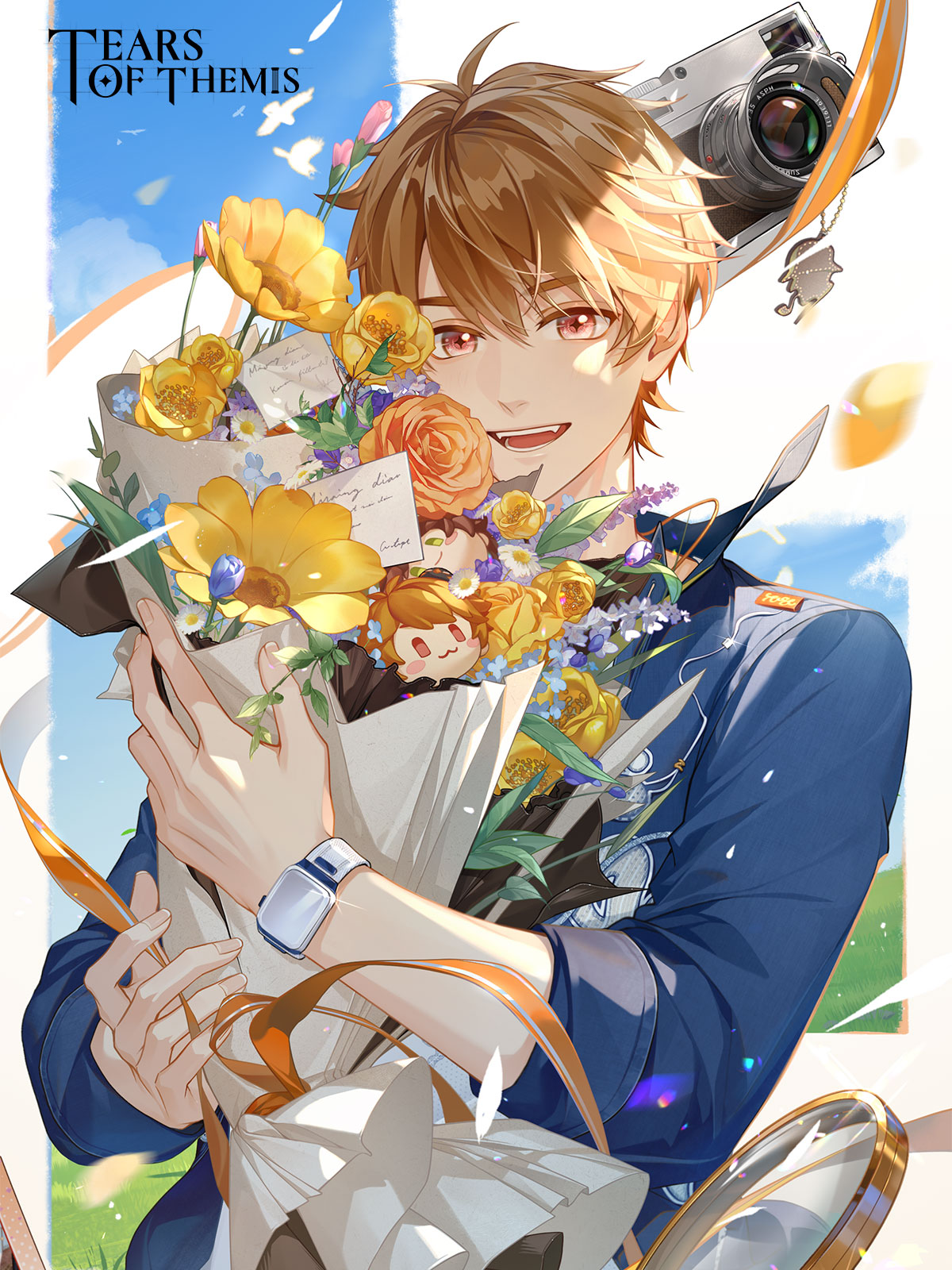 luke pearce (tears of themis), rosa (tears of themis), tears of themis, artist request, commentary, english commentary, highres, official art, 1boy, :d, black shirt, blue jacket, blue sky, bouquet, brown hair, camera, cloud, copyright name, cross-shaped pupils, day, flower, hair between eyes, hugging object, jacket, looking at viewer, male focus, open mouth, orange flower, red eyes, shirt, sky, smile, solo, symbol-shaped pupils, thick eyebrows, upper body, watch, white flower, wristwatch, yellow flower