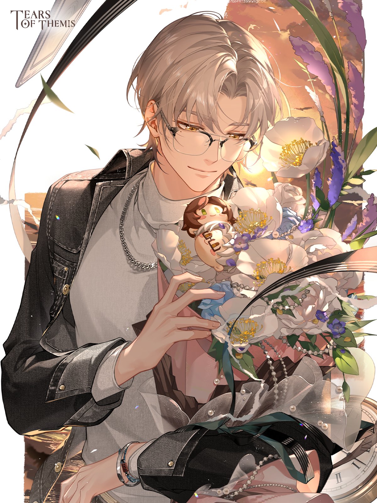 rosa (tears of themis), vyn richter (tears of themis), tears of themis, artist request, highres, official art, 1boy, black jacket, blue flower, bouquet, brown eyes, closed mouth, cloud, copyright name, cross-shaped pupils, denim, denim jacket, flower, glasses, grey hair, half-closed eyes, jacket, long sleeves, male focus, open clothes, open jacket, pocket watch, purple flower, roman numeral, shirt, skirt, smile, solo, sunset, symbol-shaped pupils, turtleneck, watch, white flower, white shirt