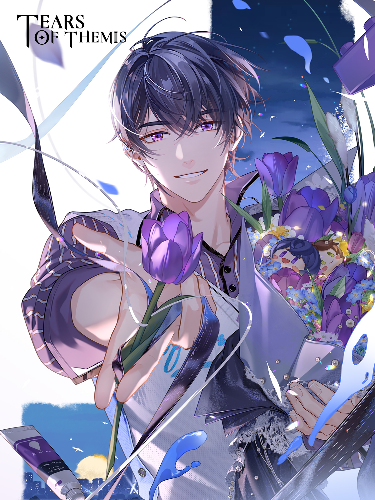 marius von hagen (tears of themis), rosa (tears of themis), tears of themis, artist request, highres, official art, 1boy, between fingers, black hair, blue flower, bouquet, cardigan vest, cloud, collared shirt, copyright name, dress shirt, flower, hair between eyes, holding, holding flower, looking at viewer, male focus, night, night sky, outstretched arm, paint tube, purple eyes, purple flower, purple shirt, shirt, sky, smile, solo, striped clothes, striped shirt, thick eyebrows, upper body, vertical-striped clothes, vertical-striped shirt, white flower, yellow flower