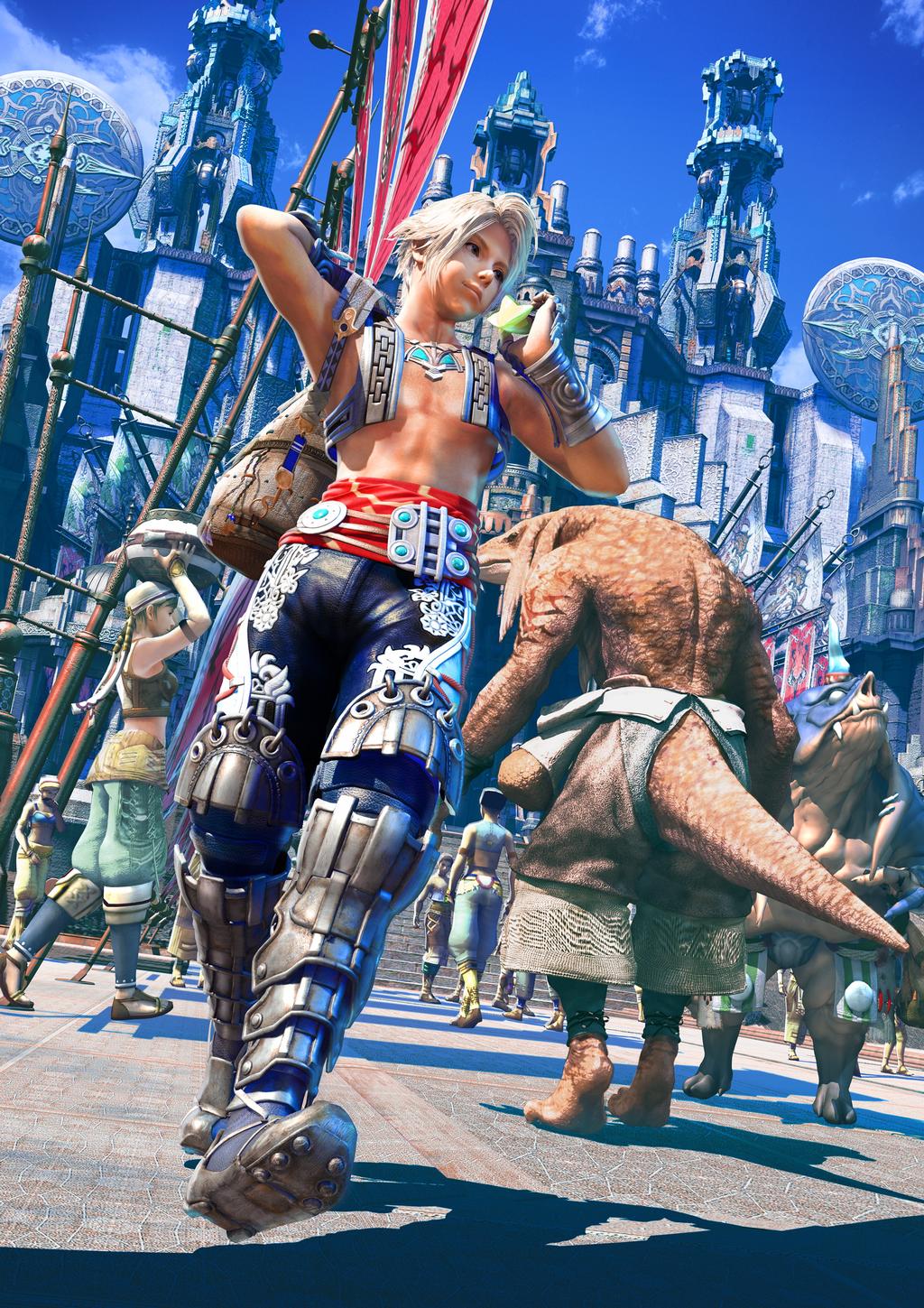 bangaa, seeq, vaan (ff12), final fantasy, final fantasy xii, wall, highres, official art, 00s, 1boy, arm guards, armor, bag, balancing, bare shoulders, belt, blonde hair, blue eyes, boots, braid, carrying over shoulder, church, city, cityscape, day, expressionless, fangs, fingerless gloves, flag, food, from below, fruit, gloves, jewelry, knee boots, male focus, market, monster, muscular, necklace, over shoulder, pants, sack, shade, shield, shoe soles, sleeveless, solo focus, starfruit, teeth, twin braids, vest, walking