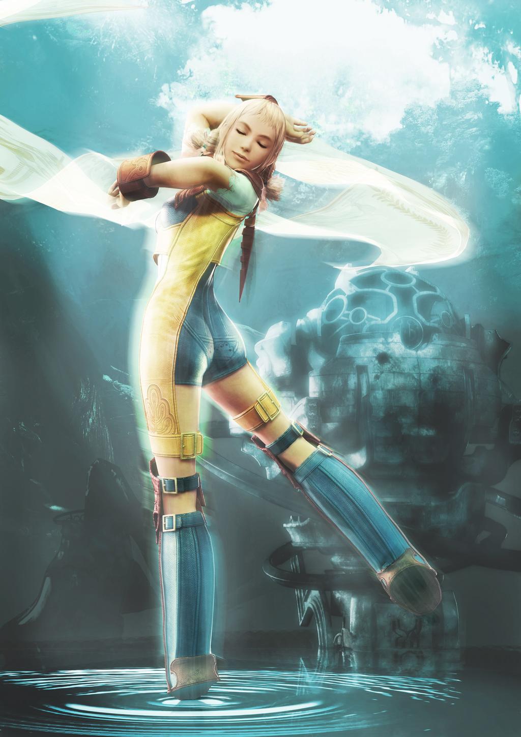 penelo, final fantasy, final fantasy xii, highres, 00s, 1girl, 3d, ass, blonde hair, boots, braid, buckle, closed eyes, dancing, female focus, kneepits, solo, twin braids, water