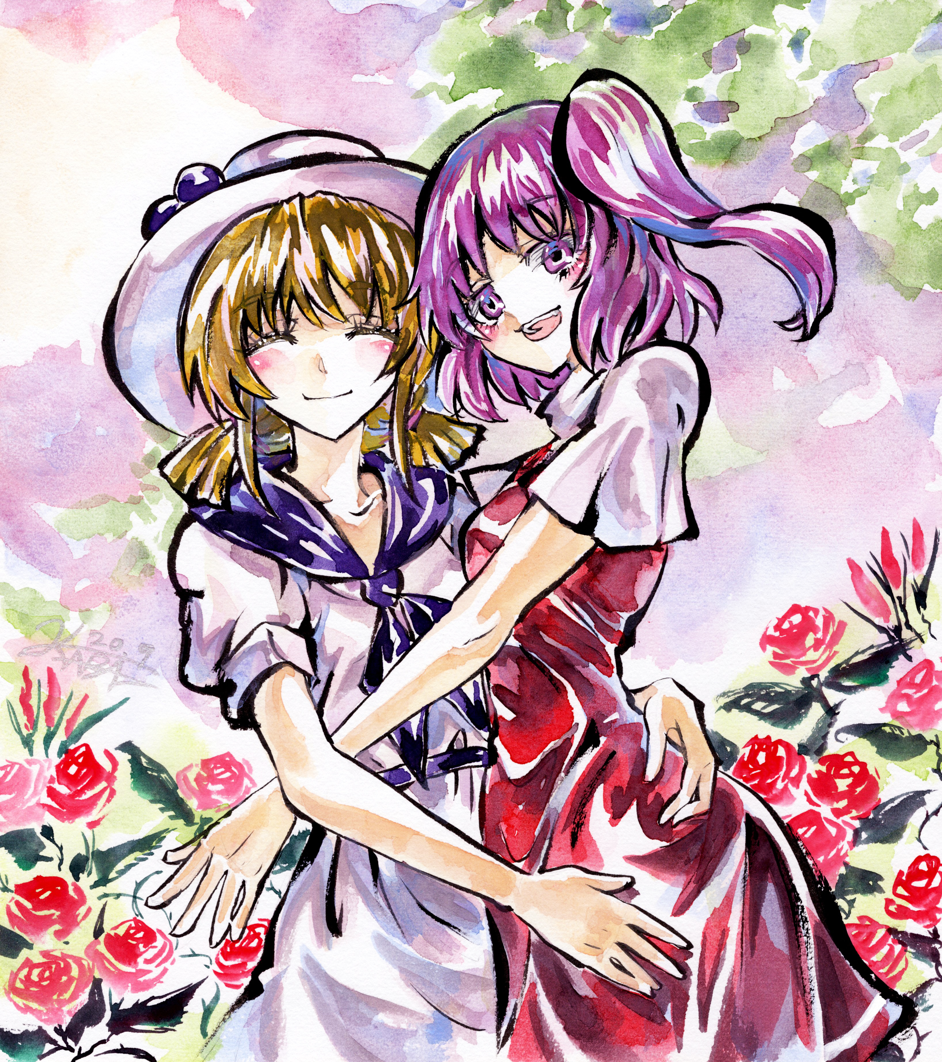 kabaji, louise (touhou), sara (touhou), touhou, touhou (pc-98), absurdres, highres, traditional media, 2girls, blonde hair, capelet, closed eyes, closed mouth, dress, facing viewer, flower, hands on another's waist, happy, hat, hug, multiple girls, neckerchief, open mouth, pink eyes, pink hair, purple neckerchief, red dress, rose, shikishi, short sleeves, side ponytail, tree, waist hug, waistband, white capelet, white dress, white hat