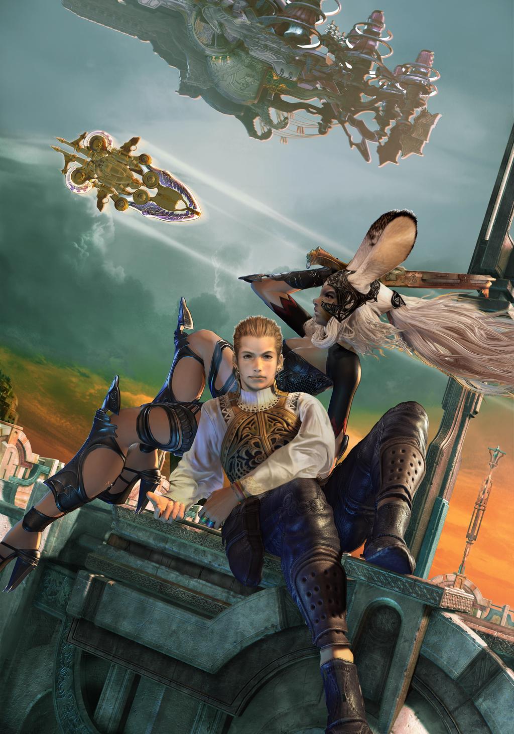 balflear, fran (ff12), final fantasy, final fantasy xii, ivalice alliance, highres, official art, 00s, 1boy, 1girl, aircraft, airship, animal ears, armor, blonde hair, building, city, dark-skinned female, dark skin, earrings, flying, gun, helmet, high heels, jewelry, leather, long hair, looking at viewer, pirate, rabbit ears, ring, shoes, short hair, sitting, sunset, vest, viera, weapon, white hair