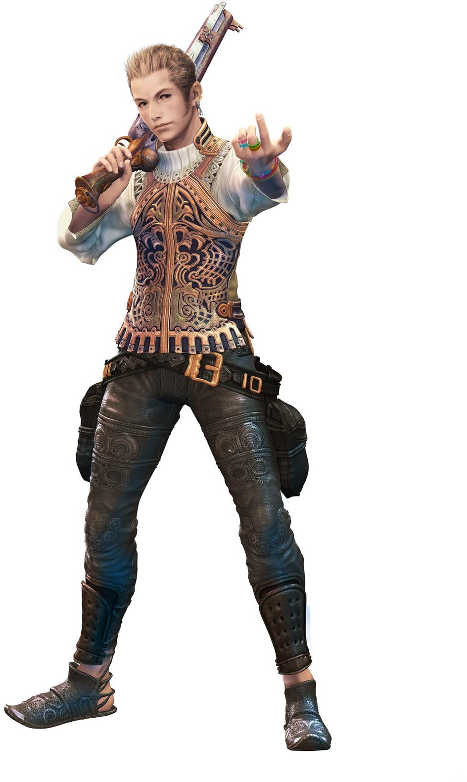 balflear, final fantasy, final fantasy xii, ivalice alliance, highres, official art, 00s, 1boy, belt, blonde hair, bracelet, earrings, full body, gun, jewelry, leather, leather pants, male focus, pants, ring, simple background, solo, standing, transparent background, vest, weapon, white background