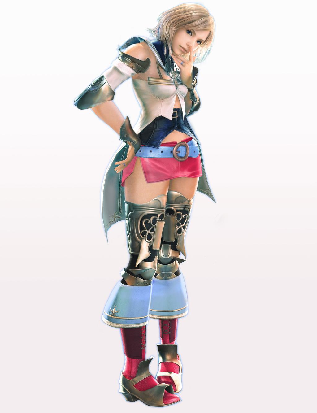 ashelia b'nargin dalmasca, final fantasy, final fantasy xii, highres, official art, 00s, 1girl, 3d, armor, bare shoulders, belt, blonde hair, blue eyes, boots, corset, female focus, fleur-de-lis, jewelry, microskirt, miniskirt, ring, skirt, solo, thighhighs