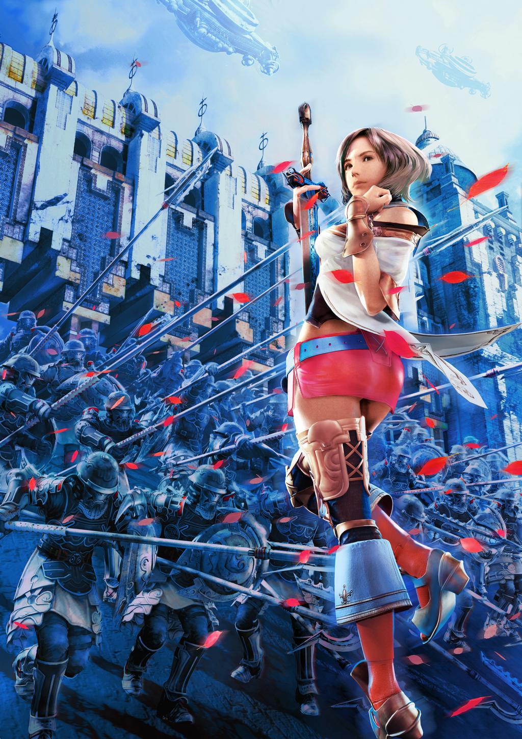 ashelia b'nargin dalmasca, final fantasy, final fantasy xii, highres, official art, 00s, 1girl, aircraft, airship, armor, ass, castle, female focus, miniskirt, petals, polearm, shield, side slit, skirt, soldier, solo, spear, thighhighs, weapon