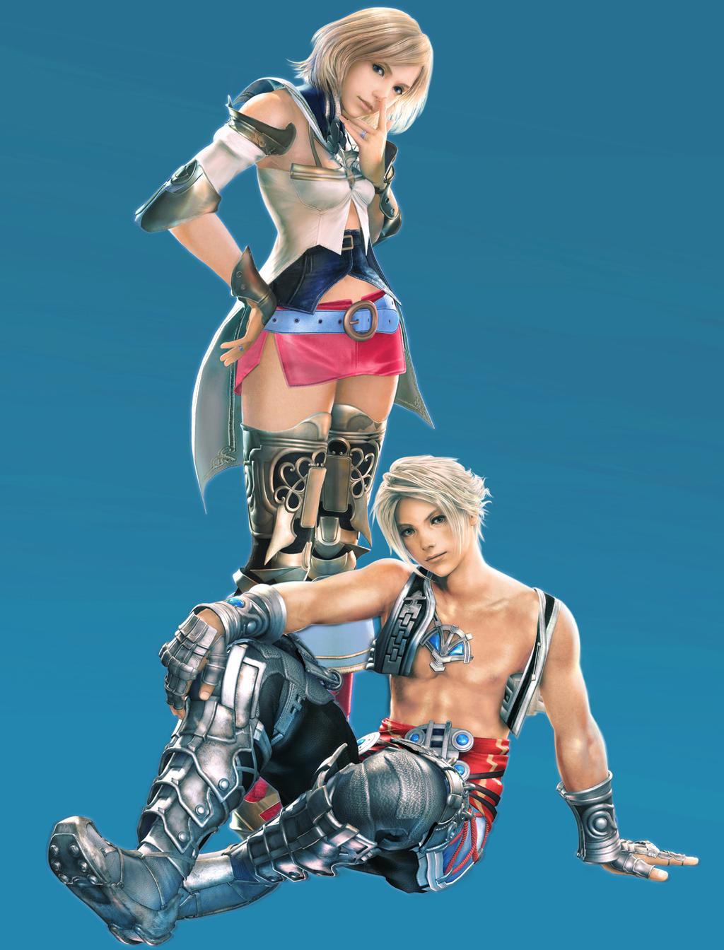 ashelia b'nargin dalmasca, vaan (ff12), final fantasy, final fantasy xii, highres, official art, 00s, 1boy, 1girl, armor, miniskirt, side slit, simple background, skirt, thighhighs, topless male