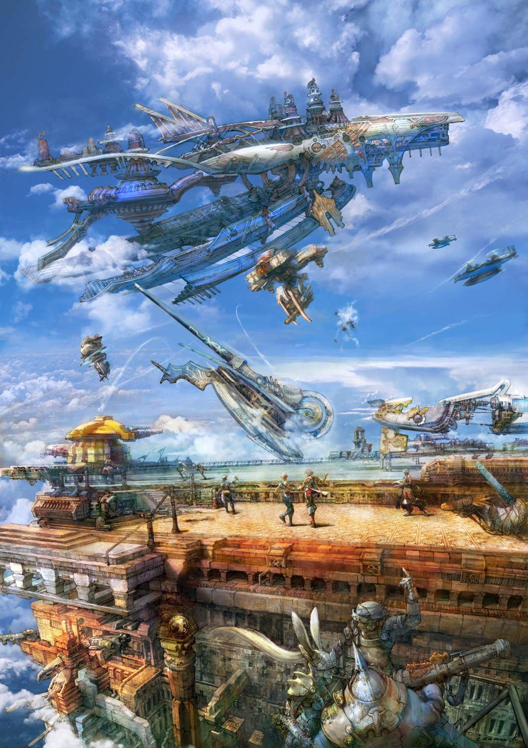 kamikokuryo isamu, ashelia b'nargin dalmasca, chocobo, vaan (ff12), final fantasy, final fantasy xii, highres, official art, 00s, aircraft, airship, animal ears, architecture, armor, barding, battle, cloud, day, fantasy, flying, gun, hat, helmet, missile, pointing, rabbit ears, running, sky, soldier, steampunk, viera, weapon