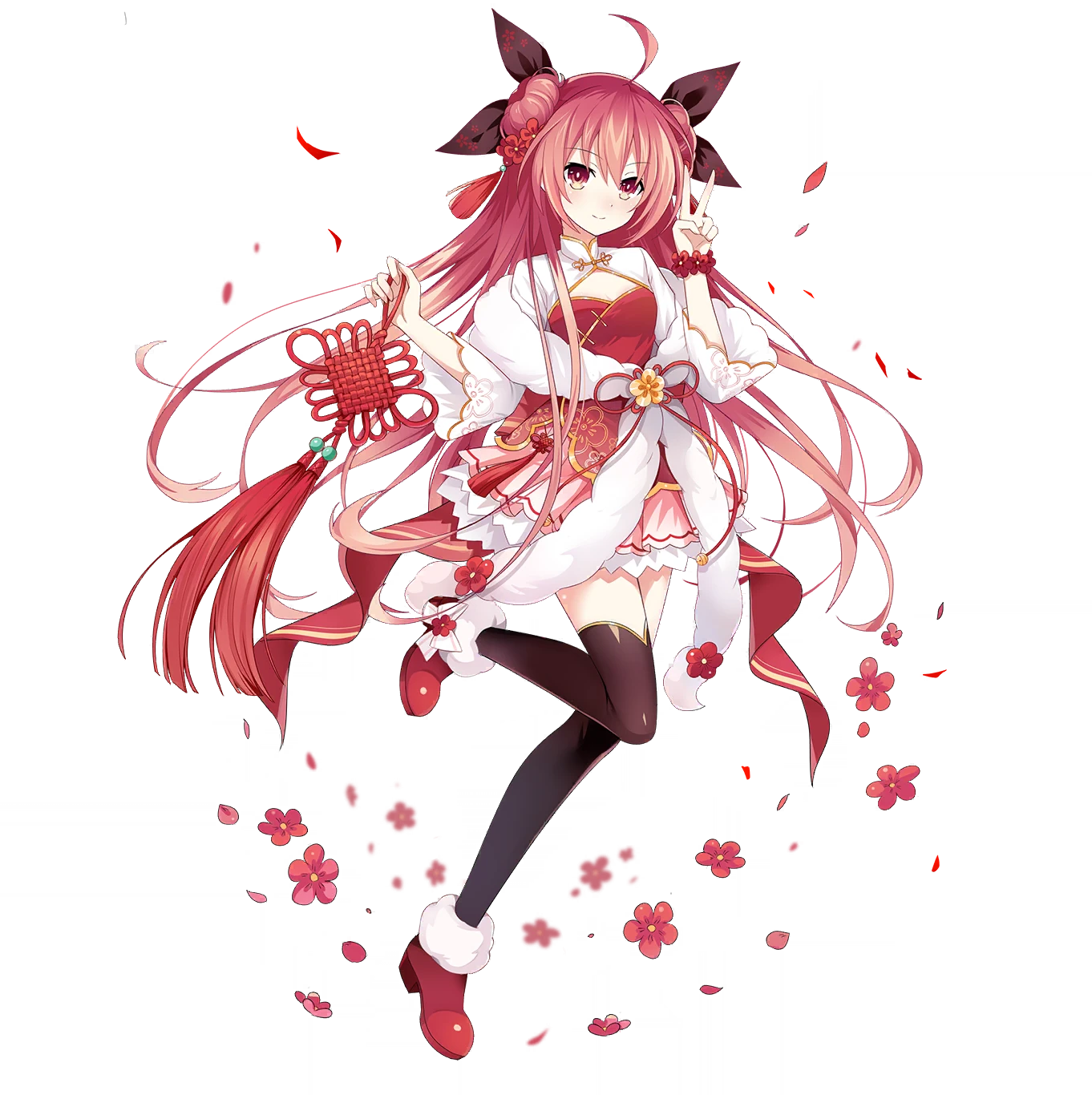 itsuka kotori, date a live, date a live: spirit pledge, highres, official art, third-party source, 1girl, ahoge, black thighhighs, breasts, china dress, chinese clothes, dress, flower, hair flower, hair ornament, hair ribbon, high heels, leg up, long hair, looking at viewer, official alternate costume, red dress, red eyes, red hair, ribbon, small breasts, smile, solo, tachi-e, tassel, tassel hair ornament, thighhighs, transparent background, v
