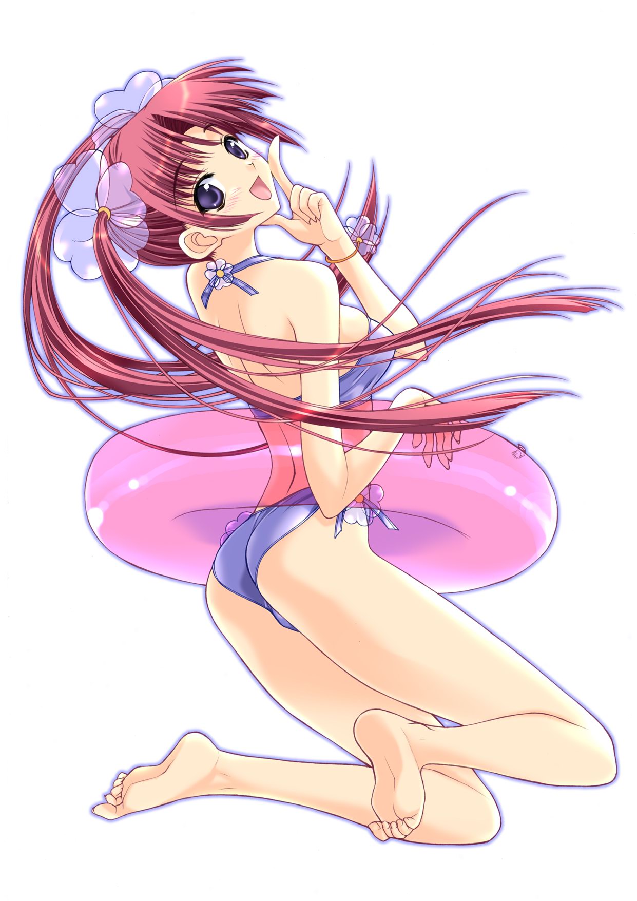 suzuhira hiro, highres, jpeg artifacts, back, barefoot, bikini, innertube, pink hair, purple eyes, red hair, smile, soles, swimsuit, twintails