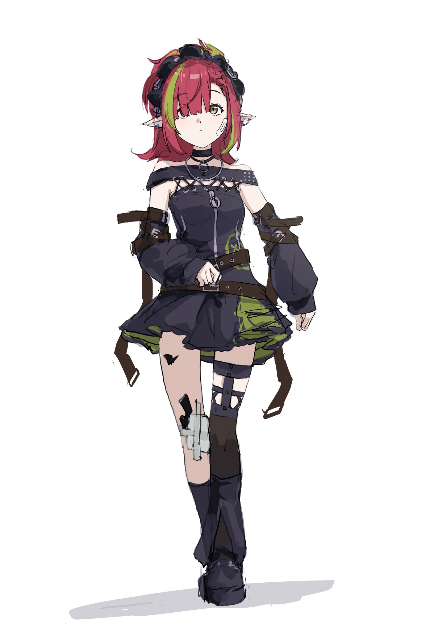 fuyukono, tecno (arknights), arknights, highres, 1girl, bandage on knee, bandaid, bandaid on cheek, bandaid on face, bare shoulders, black bonnet, black choker, black dress, bonnet, braid, brown eyes, choker, detached sleeves, dress, gauze on knee, green hair, jewelry, long hair, looking at viewer, material growth, multicolored hair, oripathy lesion (arknights), pointy ears, red hair, single thighhigh, solo, streaked hair, thighhighs, white background