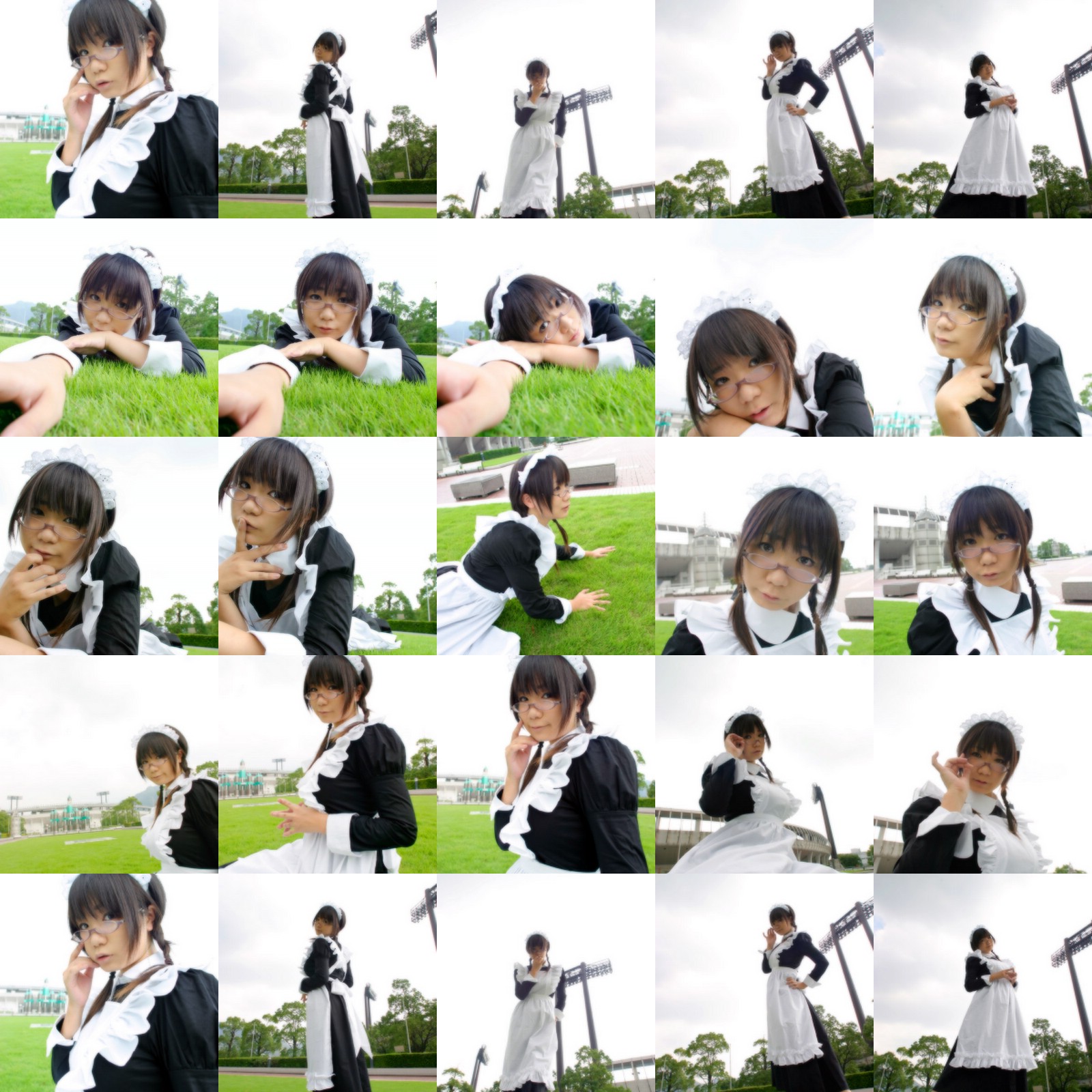 chocoball, real life, cosplay photo, highres, off-topic, photo (medium), 1girl, :3, asian, black hair, cosplay, glasses, looking over eyewear, maid