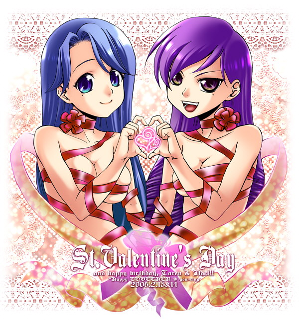 kitano tomotoshi, caren (mermaid melody pichi pichi pitch), noel (mermaid melody pichi pichi pitch), mermaid melody pichi pichi pitch, 00s, 2girls, four-finger heart hands, heart, heart hands, heart hands duo, heart in heart hands, mole, mole under eye, multiple girls, naked ribbon, ribbon, siblings, sisters, smile, twins, valentine