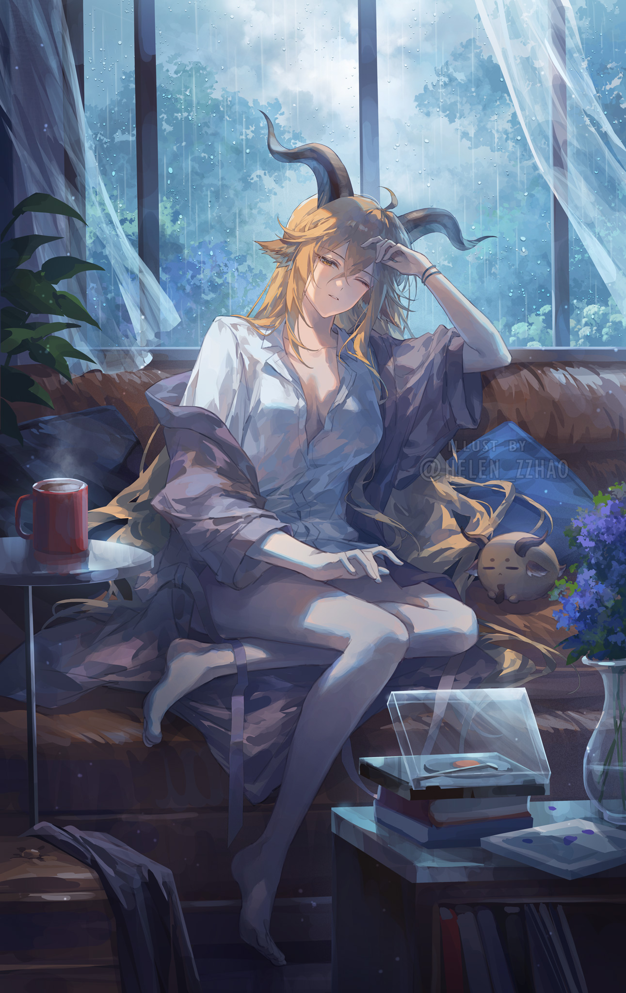 helen zzhao, degenbrecher (arknights), arknights, commentary, english commentary, highres, 1girl, ahoge, animal ears, black horns, blonde hair, book, breasts, collarbone, couch, crossed bangs, cup, curled horns, curtains, dragon bubble (arknights), drink, flower, flower pot, full body, hair between eyes, half-closed eye, hand on own head, horns, indoors, light particles, long hair, looking at viewer, medium breasts, mug, no bra, off shoulder, on couch, one eye closed, parted lips, plant, purple flower, purple robe, rain, robe, shirt, sitting, solo, table, twitter username, water, watermark, white shirt, wind, window